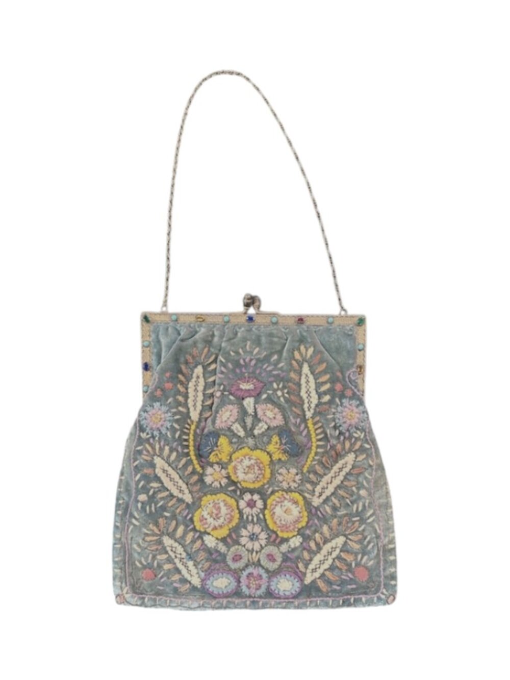 Antique 1920s/30s French Cornflower Blue Silk Velvet Evening Bag with Raised Stu